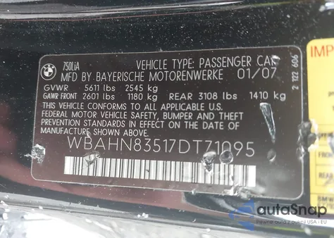 2007 BMW 750Li z USA, uszkodzony, nr VIN WBAHN83517DT71095